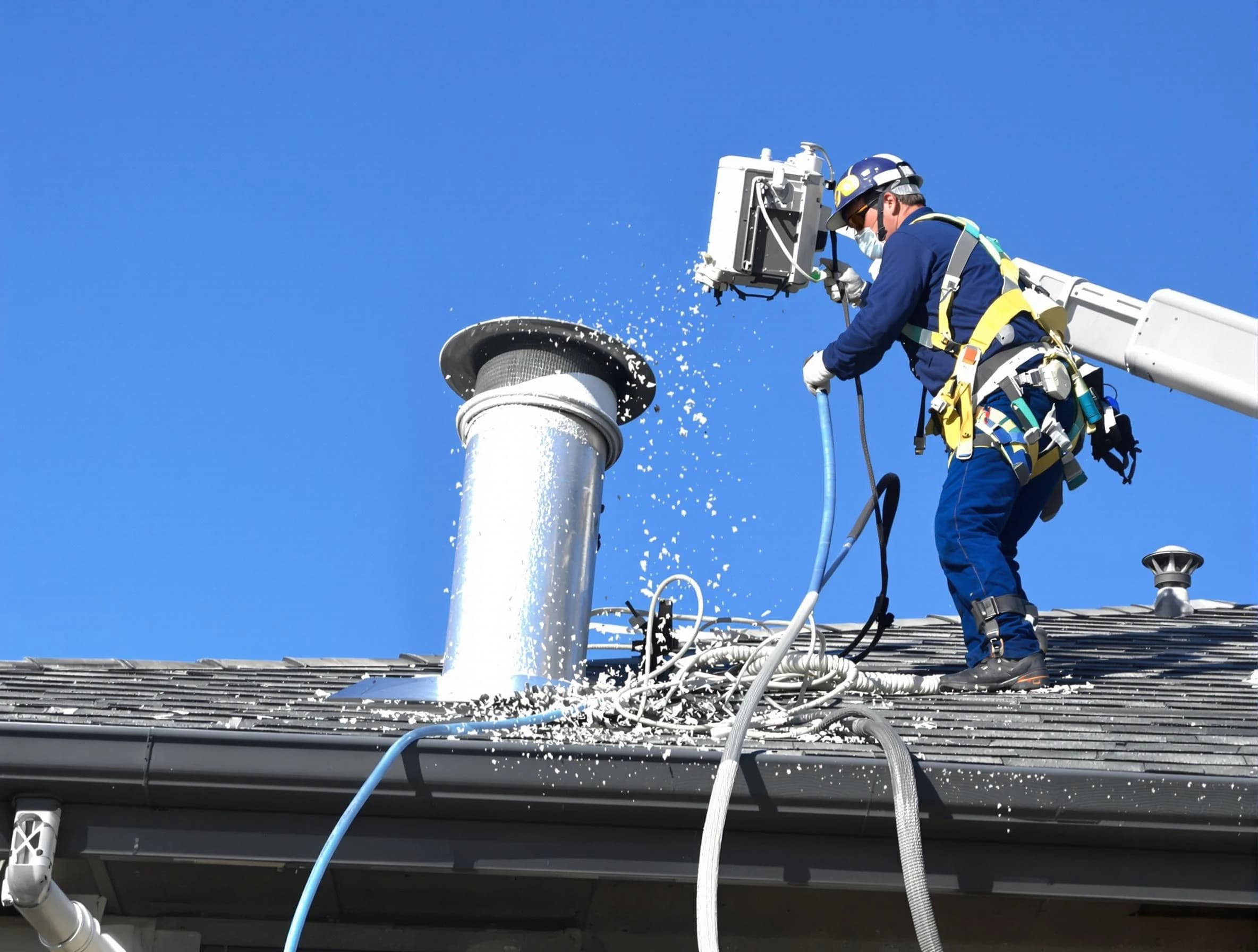 Fall River Dryer Vent Cleaning certified technician safely cleaning a roof-mounted dryer vent in Fall River