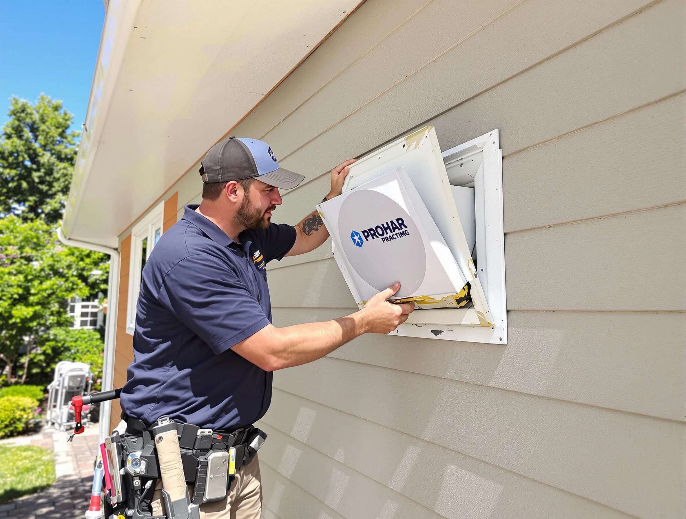 Fall River Dryer Vent Cleaning technician installing a new protective dryer vent cover on a home in Fall River