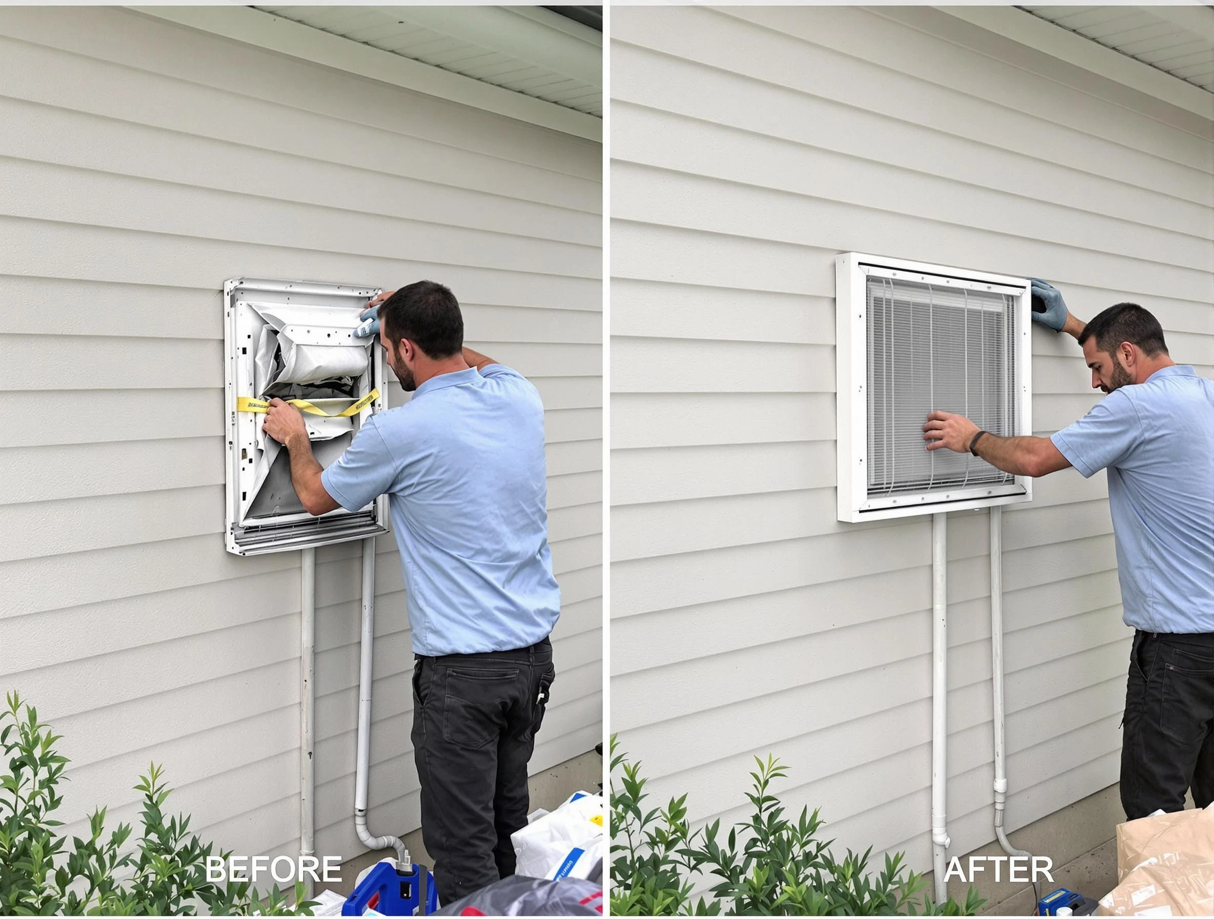 Fall River Dryer Vent Cleaning technician installing high-quality dryer vent cover at a residential property in Fall River